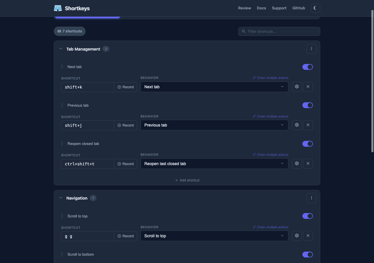 Options page in dark mode