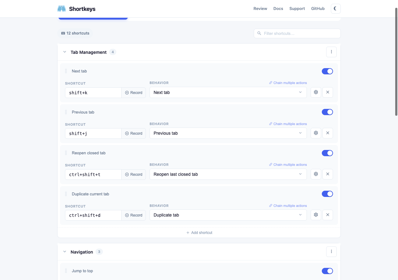 Shortkeys options page showing organized keyboard shortcuts in groups