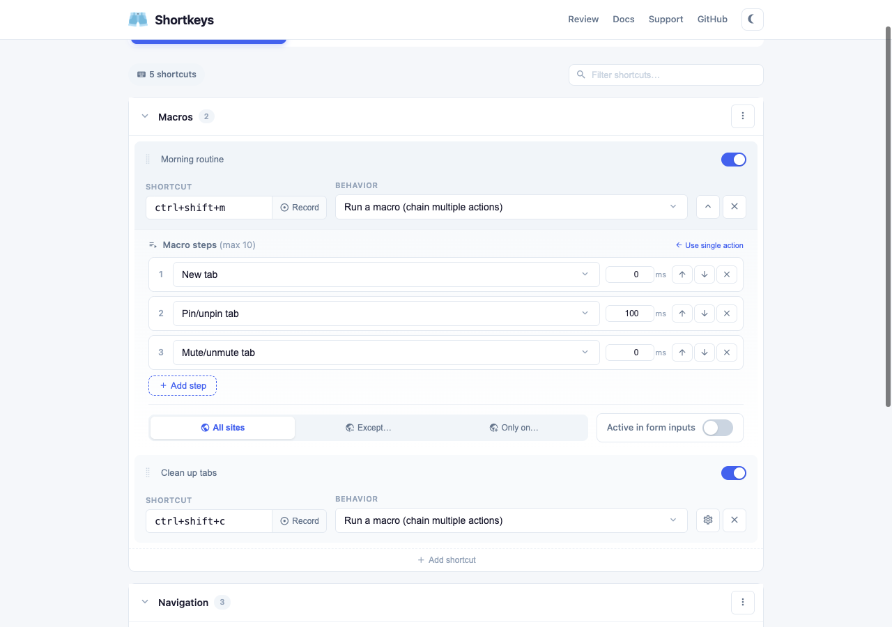 Macro builder with chained action steps